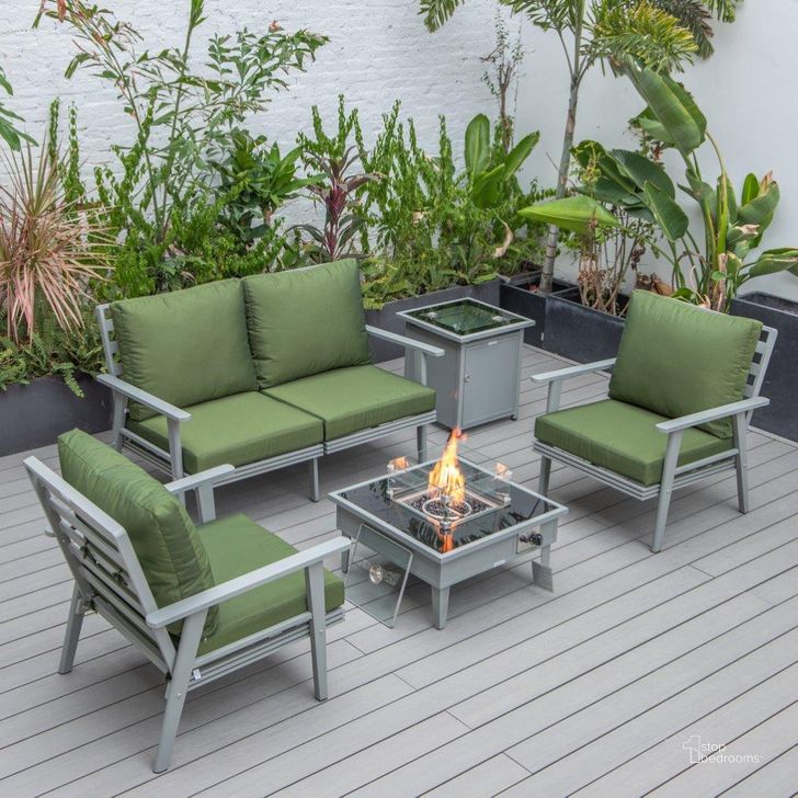 The appearance of Leisuremod Walbrooke Modern Grey Patio Conversation With Square Fire Pit And Tank Holder In Green designed by LeisureMod in the modern / contemporary interior design. This green piece of furniture  was selected by 1StopBedrooms from Walbrooke Collection to add a touch of cosiness and style into your home. Sku: WGR-27-20-57-31-G. Material: Aluminum. Product Type: Outdoor Conversation Set. Image1