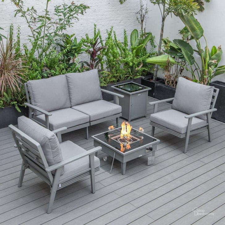The appearance of Leisuremod Walbrooke Modern Grey Patio Conversation With Square Fire Pit And Tank Holder In Grey designed by LeisureMod in the modern / contemporary interior design. This grey piece of furniture  was selected by 1StopBedrooms from Walbrooke Collection to add a touch of cosiness and style into your home. Sku: WGR-27-20-57-31-GR. Material: Aluminum. Product Type: Outdoor Conversation Set. Image1