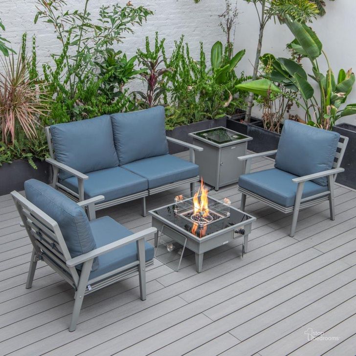 The appearance of Leisuremod Walbrooke Modern Grey Patio Conversation With Square Fire Pit And Tank Holder In Navy Blue designed by LeisureMod in the modern / contemporary interior design. This navy blue piece of furniture  was selected by 1StopBedrooms from Walbrooke Collection to add a touch of cosiness and style into your home. Sku: WGR-27-20-57-31-NBU. Material: Aluminum. Product Type: Outdoor Conversation Set. Image1