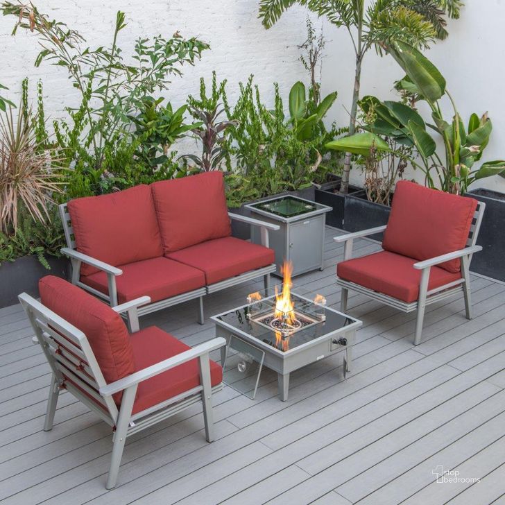The appearance of Leisuremod Walbrooke Modern Grey Patio Conversation With Square Fire Pit And Tank Holder In Red designed by LeisureMod in the modern / contemporary interior design. This red piece of furniture  was selected by 1StopBedrooms from Walbrooke Collection to add a touch of cosiness and style into your home. Sku: WGR-27-20-57-31-R. Material: Aluminum. Product Type: Outdoor Conversation Set. Image1