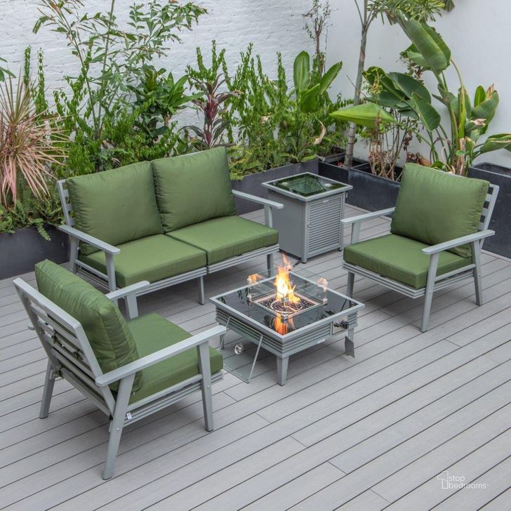The appearance of Leisuremod Walbrooke Modern Grey Patio Conversation With Square Fire Pit With Slats Design And Tank Holder In Green designed by LeisureMod in the modern / contemporary interior design. This green piece of furniture  was selected by 1StopBedrooms from Walbrooke Collection to add a touch of cosiness and style into your home. Sku: WGRS-27-20-57-31-G. Material: Aluminum. Product Type: Outdoor Conversation Set. Image1