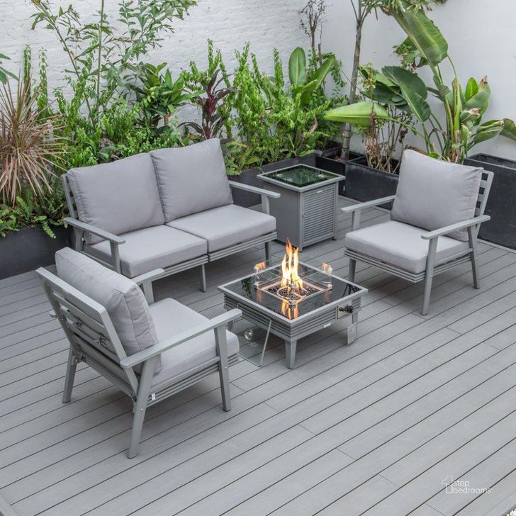The appearance of Leisuremod Walbrooke Modern Grey Patio Conversation With Square Fire Pit With Slats Design And Tank Holder In Grey designed by LeisureMod in the modern / contemporary interior design. This grey piece of furniture  was selected by 1StopBedrooms from Walbrooke Collection to add a touch of cosiness and style into your home. Sku: WGRS-27-20-57-31-GR. Material: Aluminum. Product Type: Outdoor Conversation Set. Image1