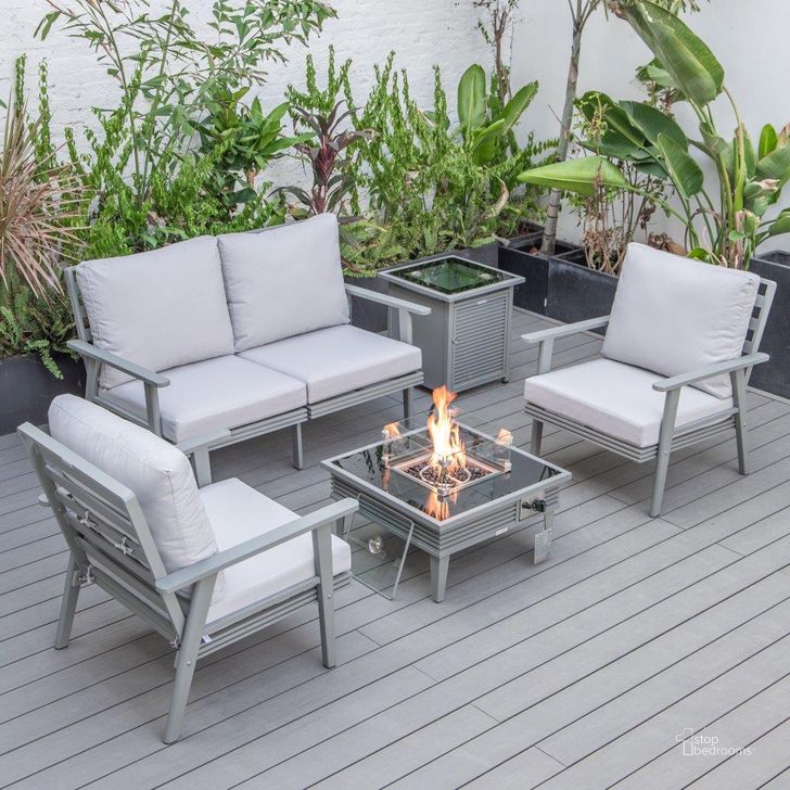The appearance of Leisuremod Walbrooke Modern Grey Patio Conversation With Square Fire Pit With Slats Design And Tank Holder In Light Grey designed by LeisureMod in the modern / contemporary interior design. This light grey piece of furniture  was selected by 1StopBedrooms from Walbrooke Collection to add a touch of cosiness and style into your home. Sku: WGRS-27-20-57-31-LGR. Material: Aluminum. Product Type: Outdoor Conversation Set. Image1