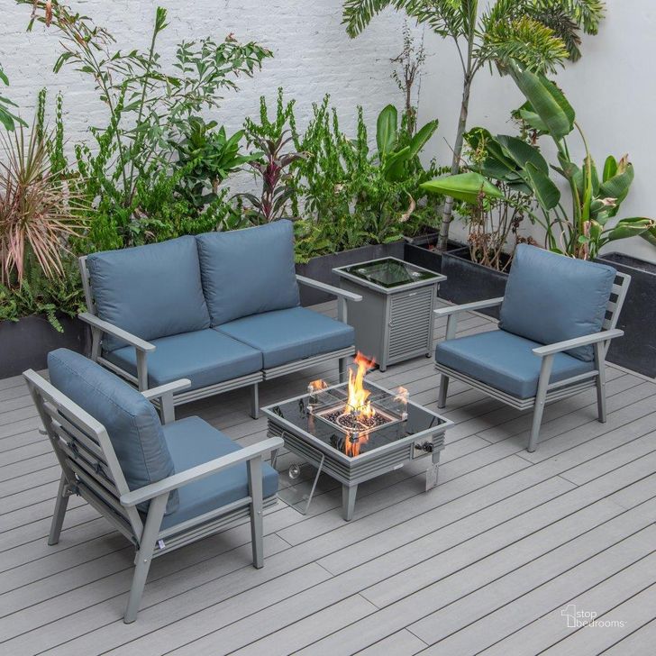 The appearance of Leisuremod Walbrooke Modern Grey Patio Conversation With Square Fire Pit With Slats Design And Tank Holder In Navy Blue designed by LeisureMod in the modern / contemporary interior design. This navy blue piece of furniture  was selected by 1StopBedrooms from Walbrooke Collection to add a touch of cosiness and style into your home. Sku: WGRS-27-20-57-31-NBU. Material: Aluminum. Product Type: Outdoor Conversation Set. Image1