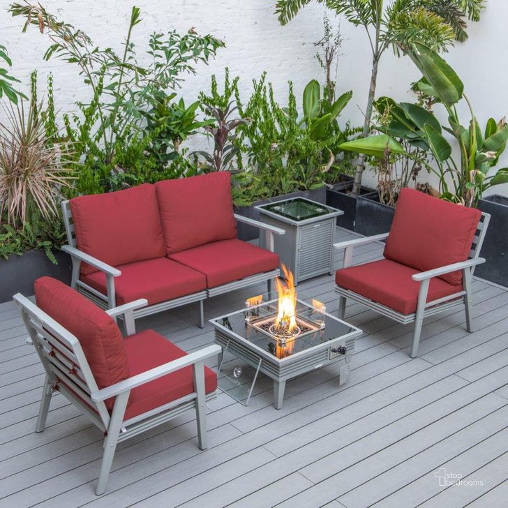 The appearance of Leisuremod Walbrooke Modern Grey Patio Conversation With Square Fire Pit With Slats Design And Tank Holder In Red designed by LeisureMod in the modern / contemporary interior design. This red piece of furniture  was selected by 1StopBedrooms from Walbrooke Collection to add a touch of cosiness and style into your home. Sku: WGRS-27-20-57-31-R. Material: Aluminum. Product Type: Outdoor Conversation Set. Image1