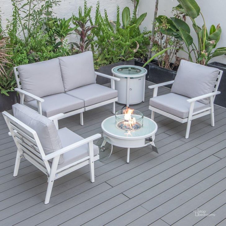 The appearance of Leisuremod Walbrooke Modern White Patio Conversation With Round Fire Pit And Tank Holder In Light Grey designed by LeisureMod in the modern / contemporary interior design. This light grey piece of furniture  was selected by 1StopBedrooms from Walbrooke Collection to add a touch of cosiness and style into your home. Sku: WW-29-24-57-31-LGR. Material: Aluminum. Product Type: Outdoor Conversation Set. Image1