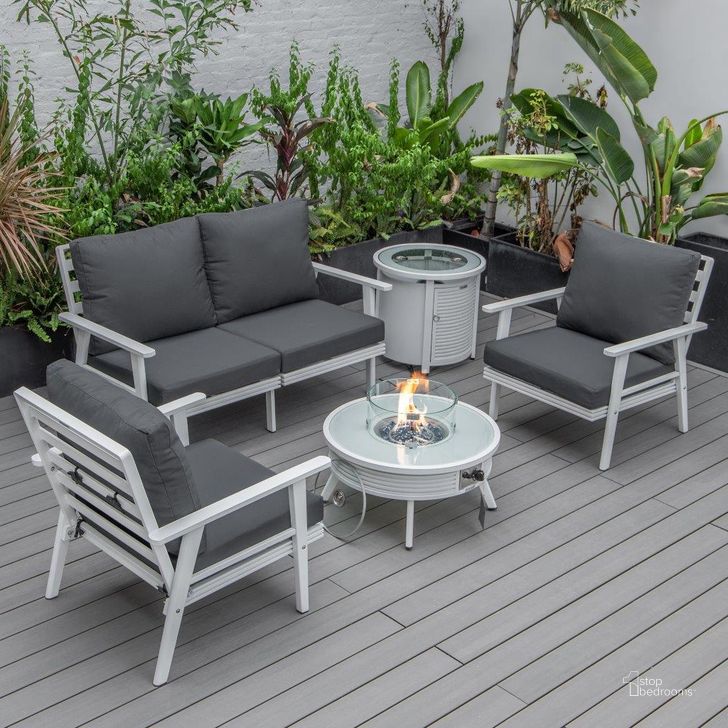 The appearance of Leisuremod Walbrooke Modern White Patio Conversation With Round Fire Pit With Slats Design And Tank Holder In Charcoal designed by LeisureMod in the modern / contemporary interior design. This charcoal piece of furniture  was selected by 1StopBedrooms from Walbrooke Collection to add a touch of cosiness and style into your home. Sku: WWS-29-24-57-31-CH. Material: Aluminum. Product Type: Outdoor Conversation Set. Image1