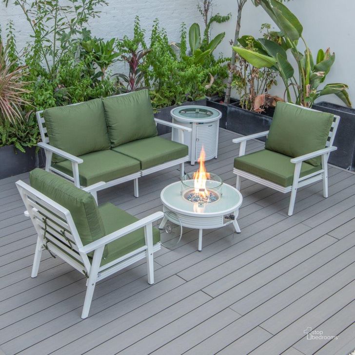 The appearance of Leisuremod Walbrooke Modern White Patio Conversation With Round Fire Pit With Slats Design And Tank Holder In Green designed by LeisureMod in the modern / contemporary interior design. This green piece of furniture  was selected by 1StopBedrooms from Walbrooke Collection to add a touch of cosiness and style into your home. Sku: WWS-29-24-57-31-G. Material: Aluminum. Product Type: Outdoor Conversation Set. Image1