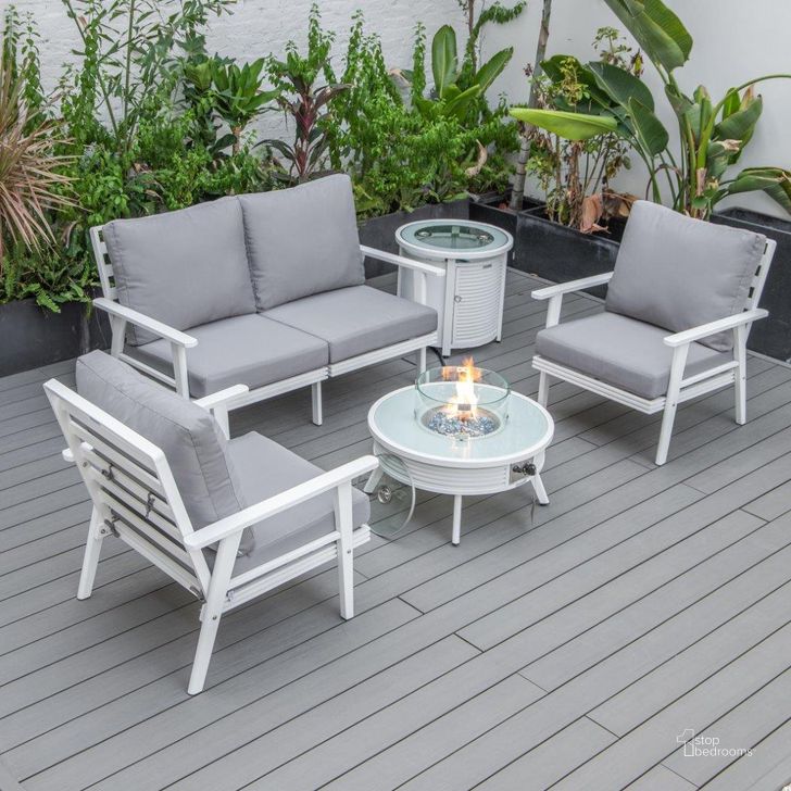 The appearance of Leisuremod Walbrooke Modern White Patio Conversation With Round Fire Pit With Slats Design And Tank Holder In Grey designed by LeisureMod in the modern / contemporary interior design. This grey piece of furniture  was selected by 1StopBedrooms from Walbrooke Collection to add a touch of cosiness and style into your home. Sku: WWS-29-24-57-31-GR. Material: Aluminum. Product Type: Outdoor Conversation Set. Image1