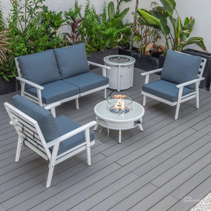 The appearance of Leisuremod Walbrooke Modern White Patio Conversation With Round Fire Pit With Slats Design And Tank Holder In Navy Blue designed by LeisureMod in the modern / contemporary interior design. This navy blue piece of furniture  was selected by 1StopBedrooms from Walbrooke Collection to add a touch of cosiness and style into your home. Sku: WWS-29-24-57-31-NBU. Material: Aluminum. Product Type: Outdoor Conversation Set. Image1