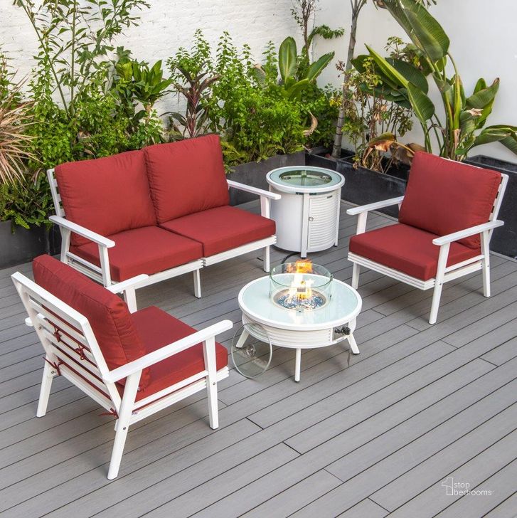 The appearance of Leisuremod Walbrooke Modern White Patio Conversation With Round Fire Pit With Slats Design And Tank Holder In Red designed by LeisureMod in the modern / contemporary interior design. This red piece of furniture  was selected by 1StopBedrooms from Walbrooke Collection to add a touch of cosiness and style into your home. Sku: WWS-29-24-57-31-R. Material: Aluminum. Product Type: Outdoor Conversation Set. Image1