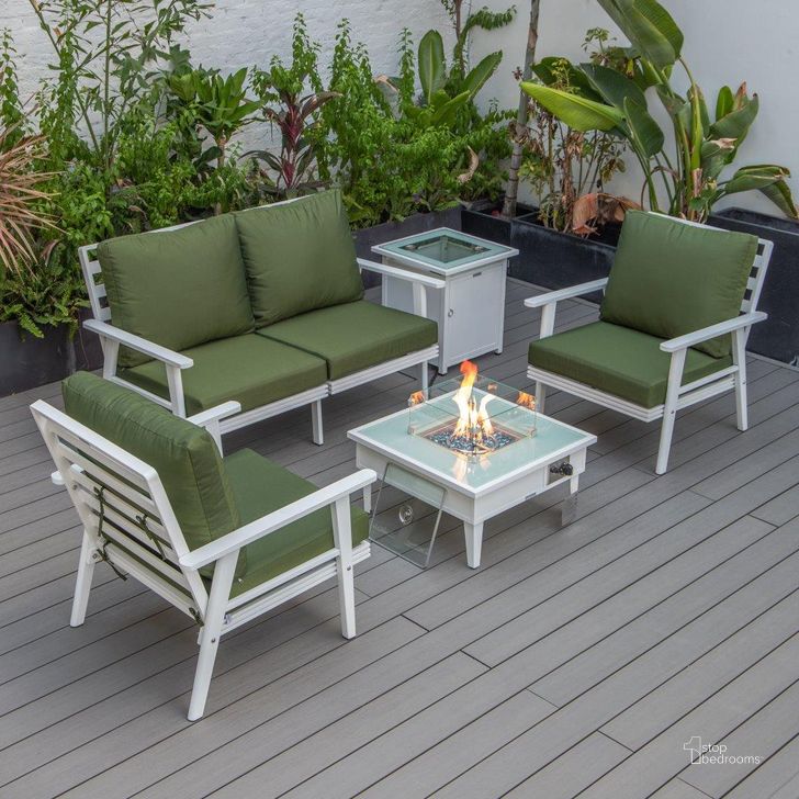 The appearance of Leisuremod Walbrooke Modern White Patio Conversation With Square Fire Pit And Tank Holder In Green designed by LeisureMod in the modern / contemporary interior design. This green piece of furniture  was selected by 1StopBedrooms from Walbrooke Collection to add a touch of cosiness and style into your home. Sku: WW-27-20-57-31-G. Material: Aluminum. Product Type: Outdoor Conversation Set. Image1