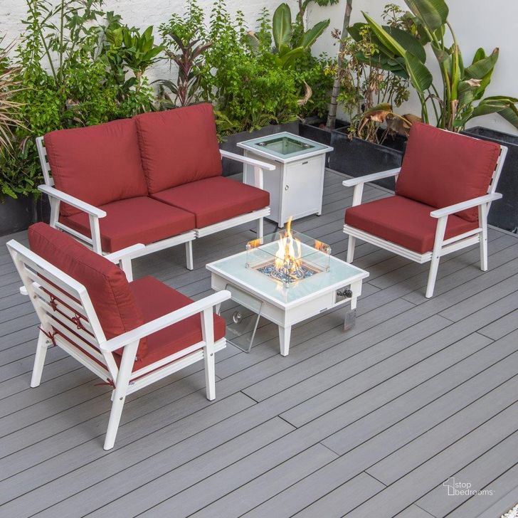 The appearance of Leisuremod Walbrooke Modern White Patio Conversation With Square Fire Pit And Tank Holder In Red designed by LeisureMod in the modern / contemporary interior design. This red piece of furniture  was selected by 1StopBedrooms from Walbrooke Collection to add a touch of cosiness and style into your home. Sku: WW-27-20-57-31-R. Material: Aluminum. Product Type: Outdoor Conversation Set. Image1