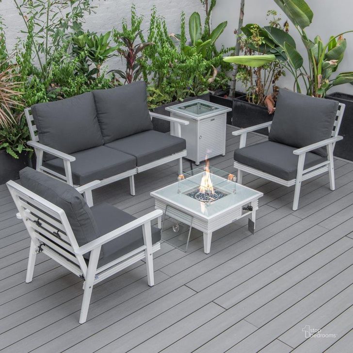 The appearance of Leisuremod Walbrooke Modern White Patio Conversation With Square Fire Pit With Slats Design And Tank Holder In Charcoal designed by LeisureMod in the modern / contemporary interior design. This charcoal piece of furniture  was selected by 1StopBedrooms from Walbrooke Collection to add a touch of cosiness and style into your home. Sku: WWS-27-20-57-31-CH. Material: Aluminum. Product Type: Outdoor Conversation Set. Image1
