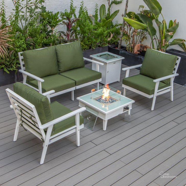 The appearance of Leisuremod Walbrooke Modern White Patio Conversation With Square Fire Pit With Slats Design And Tank Holder In Green designed by LeisureMod in the modern / contemporary interior design. This green piece of furniture  was selected by 1StopBedrooms from Walbrooke Collection to add a touch of cosiness and style into your home. Sku: WWS-27-20-57-31-G. Material: Aluminum. Product Type: Outdoor Conversation Set. Image1