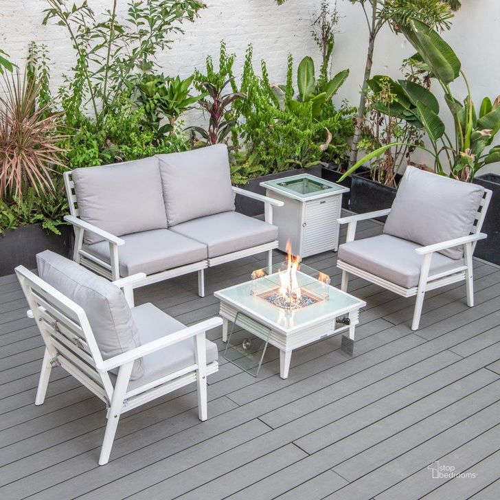 The appearance of Leisuremod Walbrooke Modern White Patio Conversation With Square Fire Pit With Slats Design And Tank Holder In Light Grey designed by LeisureMod in the modern / contemporary interior design. This light grey piece of furniture  was selected by 1StopBedrooms from Walbrooke Collection to add a touch of cosiness and style into your home. Sku: WWS-27-20-57-31-LGR. Material: Aluminum. Product Type: Outdoor Conversation Set. Image1