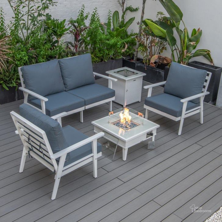 The appearance of Leisuremod Walbrooke Modern White Patio Conversation With Square Fire Pit With Slats Design And Tank Holder In Navy Blue designed by LeisureMod in the modern / contemporary interior design. This navy blue piece of furniture  was selected by 1StopBedrooms from Walbrooke Collection to add a touch of cosiness and style into your home. Sku: WWS-27-20-57-31-NBU. Material: Aluminum. Product Type: Outdoor Conversation Set. Image1