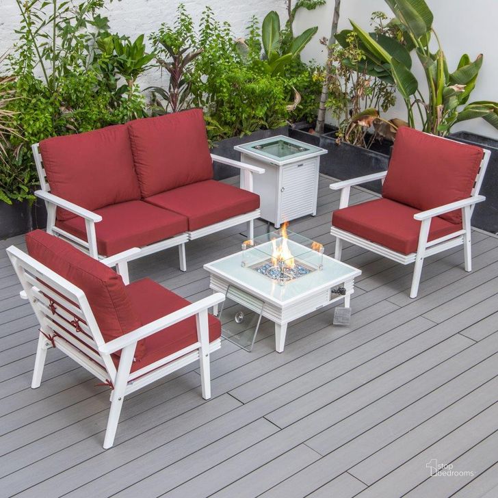 The appearance of Leisuremod Walbrooke Modern White Patio Conversation With Square Fire Pit With Slats Design And Tank Holder In Red designed by LeisureMod in the modern / contemporary interior design. This red piece of furniture  was selected by 1StopBedrooms from Walbrooke Collection to add a touch of cosiness and style into your home. Sku: WWS-27-20-57-31-R. Material: Aluminum. Product Type: Outdoor Conversation Set. Image1