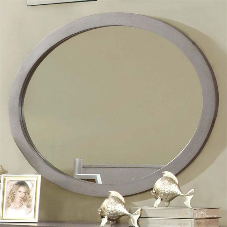 The appearance of Lennart Gray Oval Mirror designed by Furniture of America in the transitional interior design. This gray piece of furniture  was selected by 1StopBedrooms from Lennart Collection to add a touch of cosiness and style into your home. Sku: CM7386GY-MO. Material: Wood. Product Type: Dresser Mirror. Image1