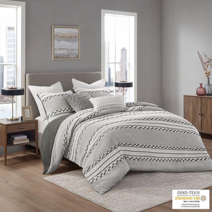 The appearance of Lennon Organic Cotton Jacquard Queen Comforter Set In Charcoal designed by Olliix in the transitional interior design. This charcoal piece of furniture  was selected by 1StopBedrooms from Lennon Collection to add a touch of cosiness and style into your home. Sku: II10-1169. Bed Size: Queen. Material: Cotton. Product Type: Comforter Set. Image1