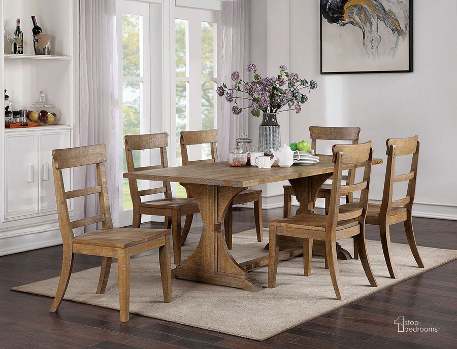 The appearance of Leonidas Dining Table In Natural Tone designed by Furniture of America in the rustic / southwestern interior design. This natural tone piece of furniture  was selected by 1StopBedrooms from Leonidas Collection to add a touch of cosiness and style into your home. Sku: CM3389NT-T-1;CM3389NT-T-2. Table Base Style: Trestle. Table Top Shape: Round. Material: Wood. Product Type: Dining Table. Size: 39". Image1