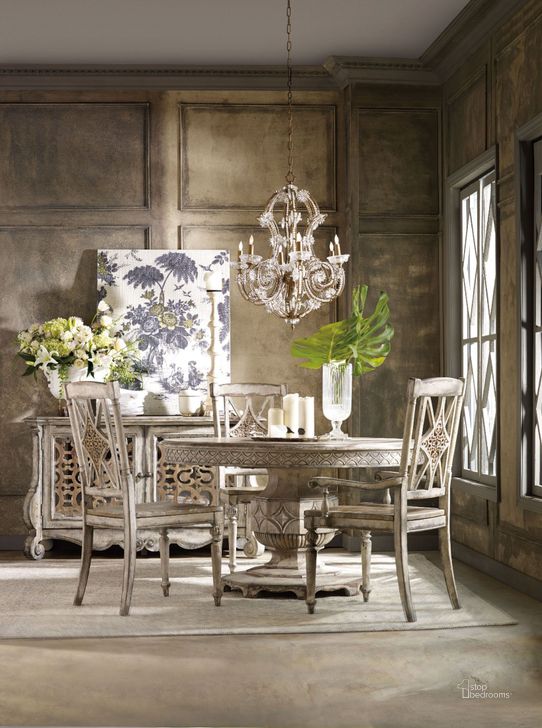 The appearance of Chatelet Paris Vintage Round Extendable Dining Room Set designed by Hooker in the traditional interior design. This beige piece of furniture  was selected by 1StopBedrooms from Chatelet Collection to add a touch of cosiness and style into your home. Sku: 5350-75001;5350-75002;5351-75300. Table Base Style: Pedestal. Table Top Shape: Round. Material: Wood. Product Type: Dining Room Set. Image1
