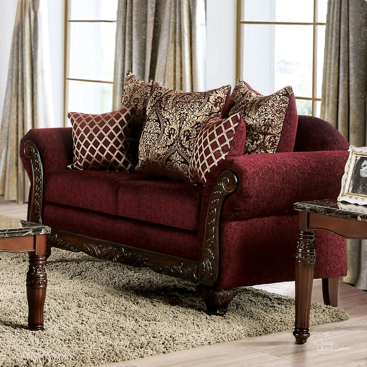 The appearance of Letizia Loveseat In Wine and Walnut designed by Furniture of America in the traditional interior design. This wine piece of furniture  was selected by 1StopBedrooms from Letizia Collection to add a touch of cosiness and style into your home. Sku: SM7757-LV. Product Type: Loveseat. Material: Chenille. Image1
