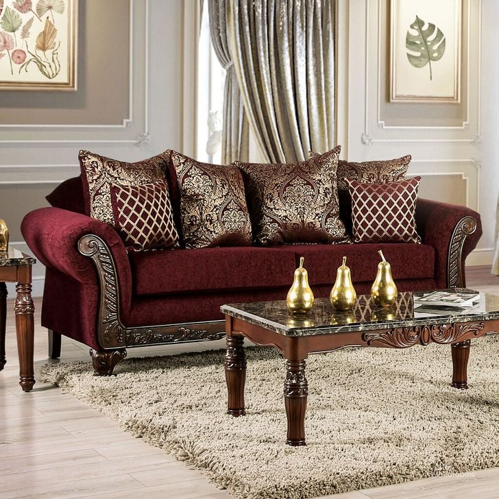 The appearance of Letizia Sofa In Wine and Walnut designed by Furniture of America in the traditional interior design. This wine piece of furniture  was selected by 1StopBedrooms from Letizia Collection to add a touch of cosiness and style into your home. Sku: SM7757-SF. Product Type: Sofa. Material: Chenille. Image1