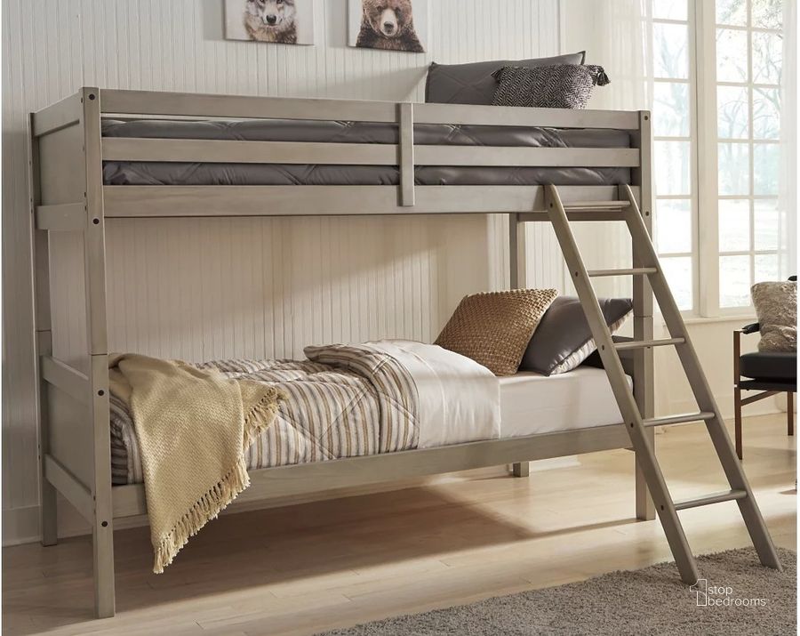 The appearance of Lettner Light Gray Twin Over Twin Bunk Bed With Ladder designed by Signature Design by Ashley in the transitional interior design. This light gray piece of furniture  was selected by 1StopBedrooms from Lettner Collection to add a touch of cosiness and style into your home. Sku: B733-59. Bed Type: Bunk Bed. Material: Wood. Product Type: Bunk Bed. Bed Size: Twin Over Twin. Image1