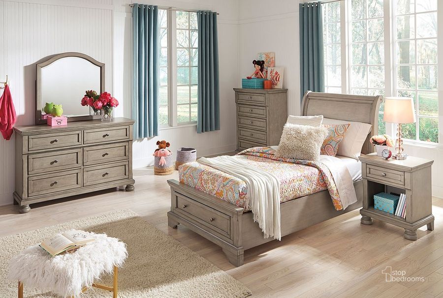 The appearance of Lettner Light Gray Youth Storage Sleigh Bedroom Set designed by Signature Design by Ashley in the transitional interior design. This light gray piece of furniture  was selected by 1StopBedrooms from Lettner Collection to add a touch of cosiness and style into your home. Sku: B733-183;B733-52S;B733-53;B733-91. Bed Type: Storage Bed. Material: Wood. Product Type: Storage Bed. Bed Size: Twin. Image1