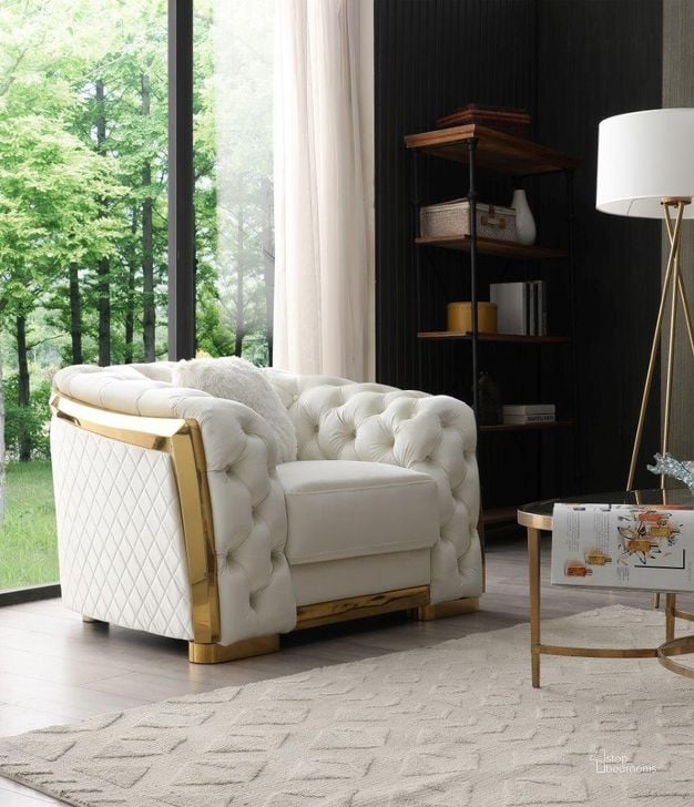 The appearance of Lexi Chair In Ivory designed by Glory in the glam interior design. This ivory piece of furniture  was selected by 1StopBedrooms from Lexi Collection to add a touch of cosiness and style into your home. Sku: G0597A-C. Product Type: Chair. Material: Velvet. Image1