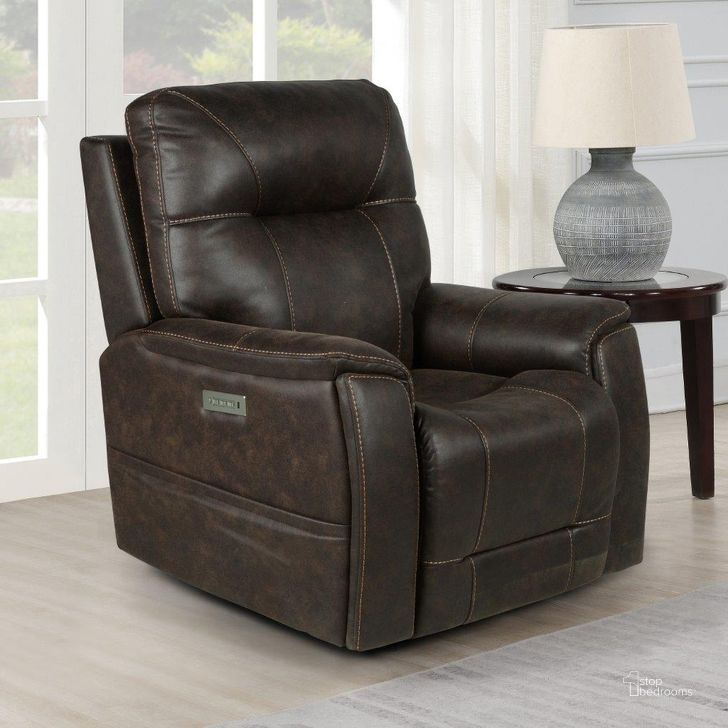 The appearance of Lexington Power Media Recliner In Saddle Brown designed by Steve Silver in the transitional interior design. This brown piece of furniture  was selected by 1StopBedrooms from Lexington Collection to add a touch of cosiness and style into your home. Sku: LX850C. Product Type: Recliner. Material: Plywood. Image1