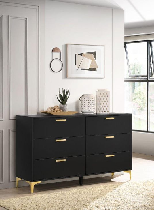 The appearance of Liard River Black and Gold Dresser designed by FineForm in the modern / contemporary interior design. This black and gold piece of furniture  was selected by 1StopBedrooms from Liard River Collection to add a touch of cosiness and style into your home. Sku: 224453. Product Type: Dresser. Material: MDF. Image1