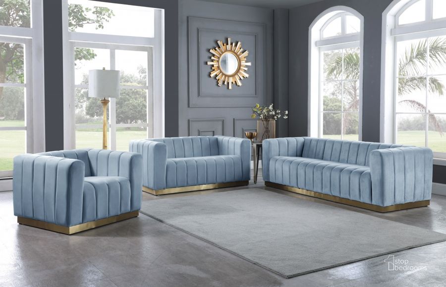 The appearance of Limerock Sky Blue Velvet Living Room Set designed by Furnique in the modern / contemporary interior design. This sky blue velvet piece of furniture  was selected by 1StopBedrooms from Limerock Collection to add a touch of cosiness and style into your home. Sku: 603SkyBlu-S;603SkyBlu-L. Product Type: Living Room Set. Material: Velvet. Image1