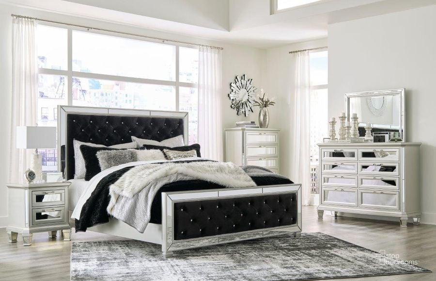 The appearance of Lindenfield Black and Silver Upholstered Panel Bedroom Set designed by Signature Design by Ashley in the transitional interior design. This silver piece of furniture  was selected by 1StopBedrooms from Lindenfield Collection to add a touch of cosiness and style into your home. Sku: B758-57;B758-54;B758-96;B758-92. Bed Type: Panel Bed. Material: Fabric. Product Type: Panel Bed. Bed Size: Queen. Image1
