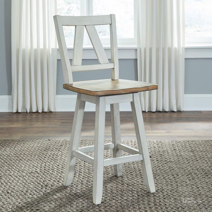 The appearance of Lindsey Farm Counter Height Swivel Chair Rta Set Of 2 designed by Liberty in the country / farmhouse interior design. This white piece of furniture  was selected by 1StopBedrooms from Lindsey Farm Collection to add a touch of cosiness and style into your home. Sku: 62WH-B250324. Product Type: Counter Height Chair. Material: Rubberwood. Image1