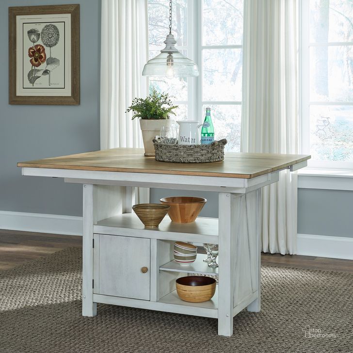 The appearance of Lindsey Farm Kitchen Island In Weathered White and Sandstone designed by Liberty in the country / farmhouse interior design. This white piece of furniture  was selected by 1StopBedrooms from Lindsey Farm Collection to add a touch of cosiness and style into your home. Sku: 62WH-IT5446;62WH-IT5446B. Product Type: Kitchen Island. Material: Rubberwood. Image1