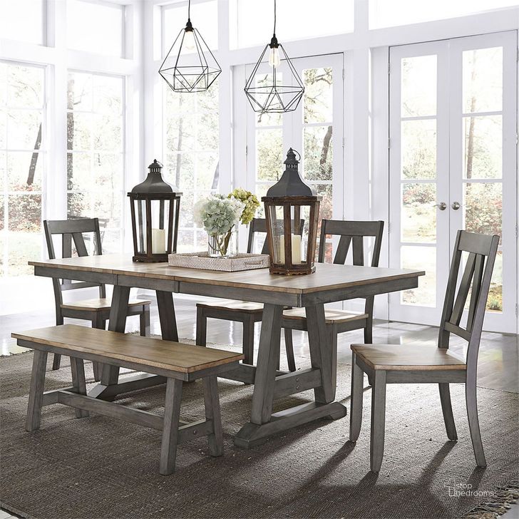 The appearance of Lindsey Farm Trestle Dining Room Set w/ Bench designed by Liberty in the transitional interior design. This gray piece of furniture  was selected by 1StopBedrooms from Lindsey Farm Collection to add a touch of cosiness and style into your home. Sku: 62-P3878;62-T3878;62-C2500S;62-C9000B. Table Base Style: Trestle. Material: Wood. Product Type: Dining Room Set. Table Top Shape: Rectangular. Image1