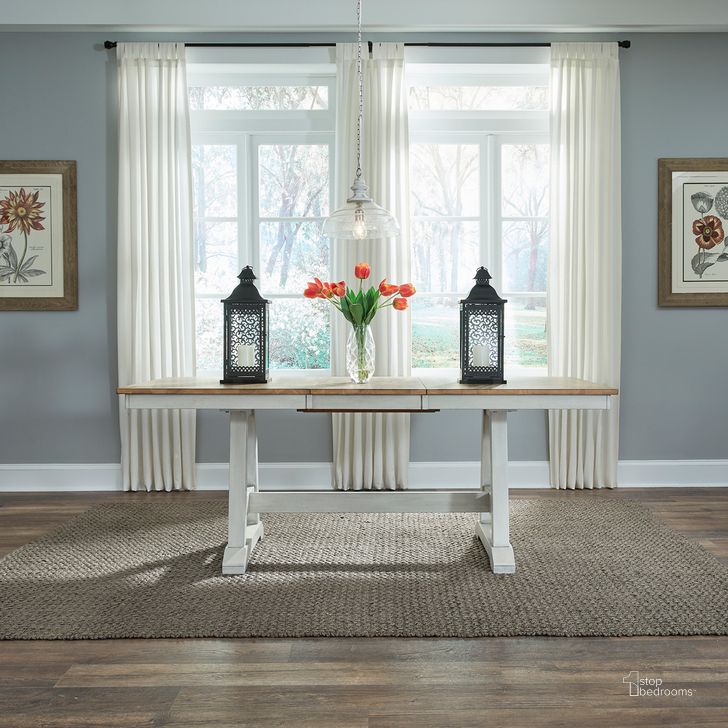 The appearance of Lindsey Farm Trestle Table In Weathered White and Sandstone designed by Liberty in the country / farmhouse interior design. This white piece of furniture  was selected by 1StopBedrooms from Lindsey Farm Collection to add a touch of cosiness and style into your home. Sku: 62WH-P3878;62WH-T3878. Product Type: Accent Table. Material: Rubberwood. Image1