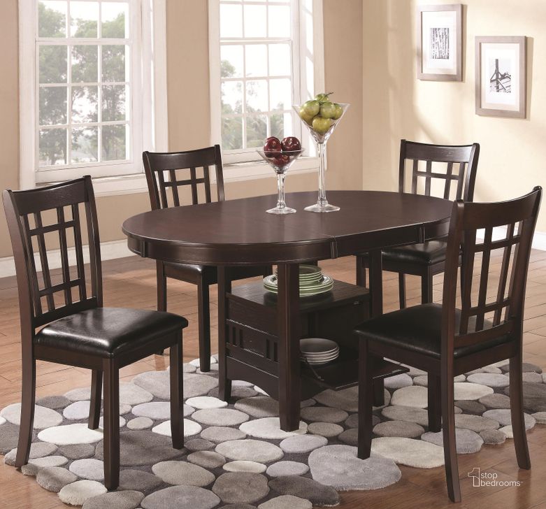 The appearance of Linwood Extendable Dining Room Set designed by Coaster in the transitional interior design. This brown piece of furniture  was selected by 1StopBedrooms from Linwood Collection to add a touch of cosiness and style into your home. Sku: 102671;102672. Table Base Style: Pedestal. Table Top Shape: Oval. Material: Wood. Product Type: Dining Room Set. Image1