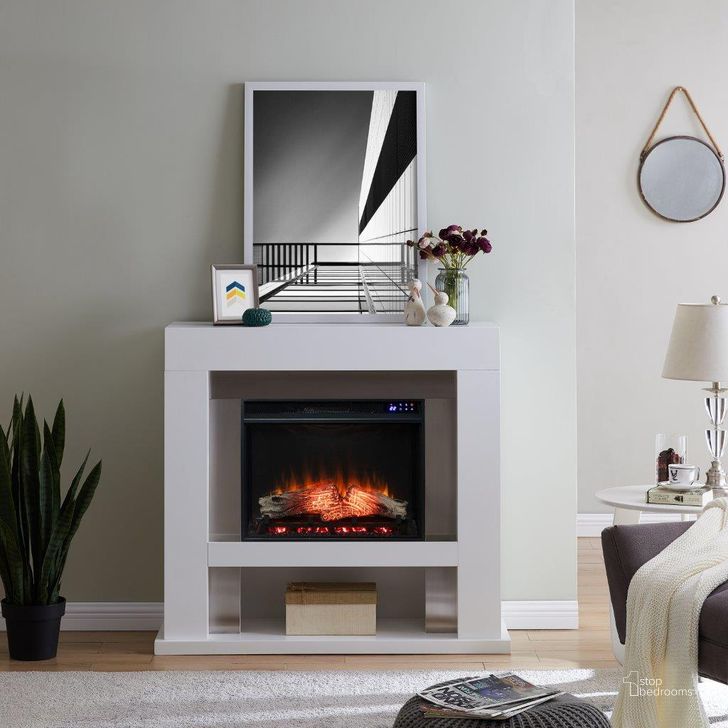 The appearance of Lirrington Stainless Steel Touch Screen Electric Fireplace designed by SEI Furniture in the industrial interior design. This white piece of furniture  was selected by 1StopBedrooms from Lirrington Collection to add a touch of cosiness and style into your home. Sku: FR1028059. Material: Wood. Product Type: Fireplace. Image1