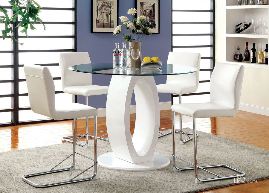 The appearance of Lodia Round Counter Height Table In White designed by Furniture of America in the modern / contemporary interior design. This white piece of furniture  was selected by 1StopBedrooms from Lodia Collection to add a touch of cosiness and style into your home. Sku: CM3825WH-RPT-1;CM3825WH-RPT-2. Material: Leather. Product Type: Counter Height Table. Image1