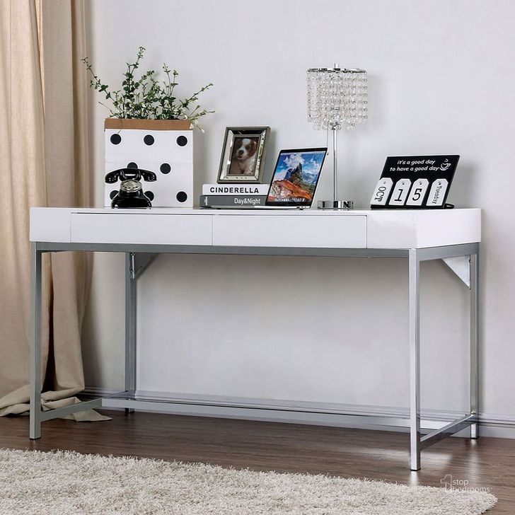 The appearance of Loke High Gloss Computer Desk designed by Furniture of America in the modern / contemporary interior design. This white piece of furniture  was selected by 1StopBedrooms from Loke Collection to add a touch of cosiness and style into your home. Sku: CM-DK5204. Material: Metal. Product Type: Computer Desk. Image1