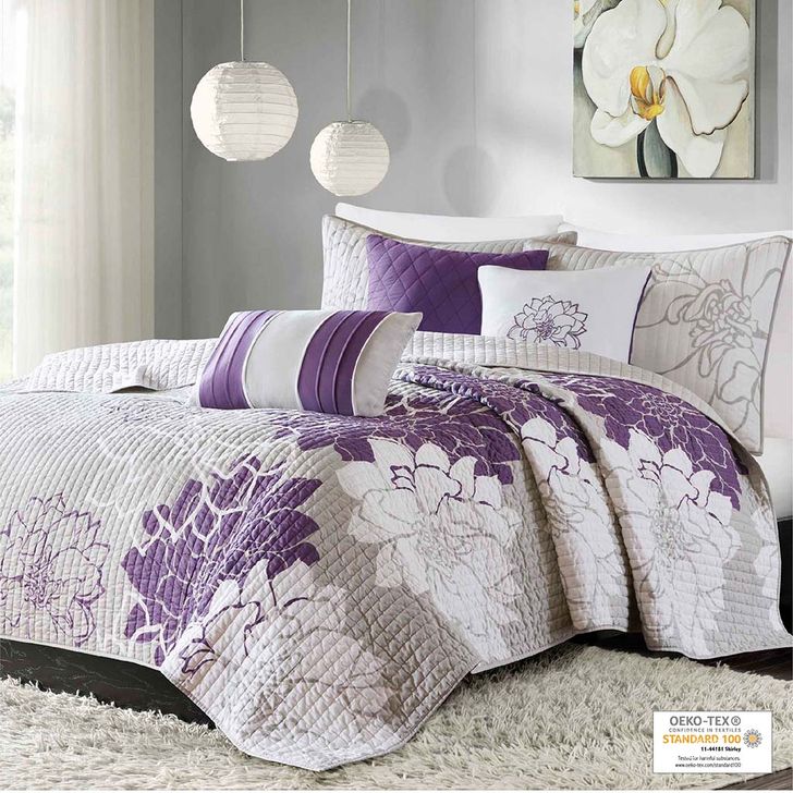 The appearance of Lola Cotton Printed Fabric 6Pcs Quilted Queen Coverlet Set In Purple designed by Olliix in the transitional interior design. This purple piece of furniture  was selected by 1StopBedrooms from Lola Collection to add a touch of cosiness and style into your home. Sku: MP13-2312. Material: Polyester. Bed Size: Queen. Product Type: Coverlet Set. Image1