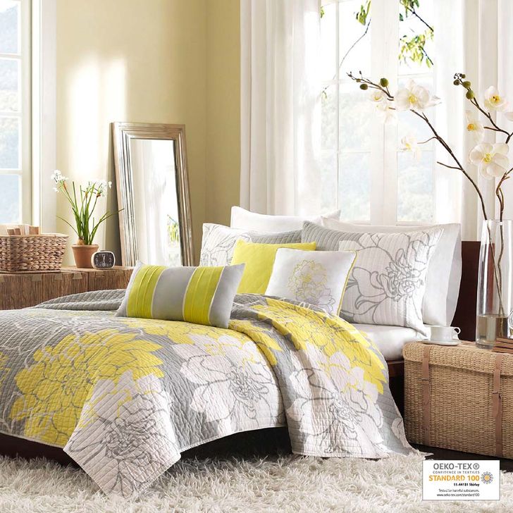 The appearance of Lola Cotton Printed Quilted Queen Coverlet 6Pcs Set In Yellow designed by Olliix in the transitional interior design. This yellow piece of furniture  was selected by 1StopBedrooms from Lola Collection to add a touch of cosiness and style into your home. Sku: MP13-325. Material: Polyester. Bed Size: Queen. Product Type: Coverlet Set. Image1