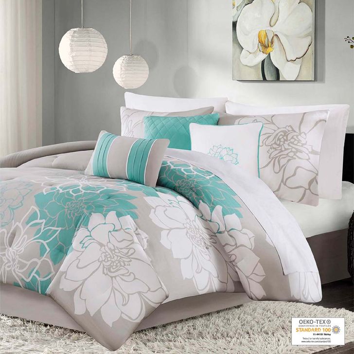 The appearance of Lola Cotton Sateen Printed 6 Piece Twin Comforter Set In Aqua designed by Olliix in the transitional interior design. This aqua piece of furniture  was selected by 1StopBedrooms from Lola Collection to add a touch of cosiness and style into your home. Sku: MP10-6833. Material: Polyester. Bed Size: Twin. Product Type: Comforter Set. Image1