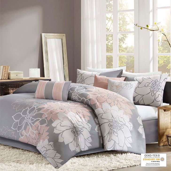 The appearance of Lola Cotton Sateen Printed 6 Piece Twin Comforter Set In Grey/Blush designed by Olliix in the transitional interior design. This grey/blush piece of furniture  was selected by 1StopBedrooms from Lola Collection to add a touch of cosiness and style into your home. Sku: MP10-6832. Material: Polyester. Bed Size: Twin. Product Type: Comforter Set. Image1