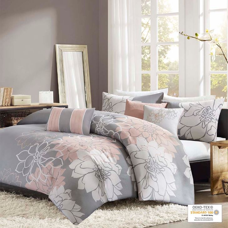 The appearance of Lola Cotton Sateen Printed 6Pcs Queen Duvet Cover Set In Grey/Blush designed by Olliix in the transitional interior design. This grey/blush piece of furniture  was selected by 1StopBedrooms from Lola Collection to add a touch of cosiness and style into your home. Sku: MP12-5673. Material: Polyester. Bed Size: Queen. Product Type: Duvet Cover Set. Image1