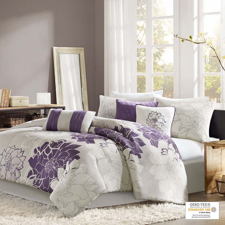The appearance of Lola Cotton Sateen Printed Queen Comforter 7Pcs Set In Purple designed by Olliix in the transitional interior design. This purple piece of furniture  was selected by 1StopBedrooms from Lola Collection to add a touch of cosiness and style into your home. Sku: MP10-257. Bed Size: Queen. Material: Cotton. Product Type: Comforter Set. Image1