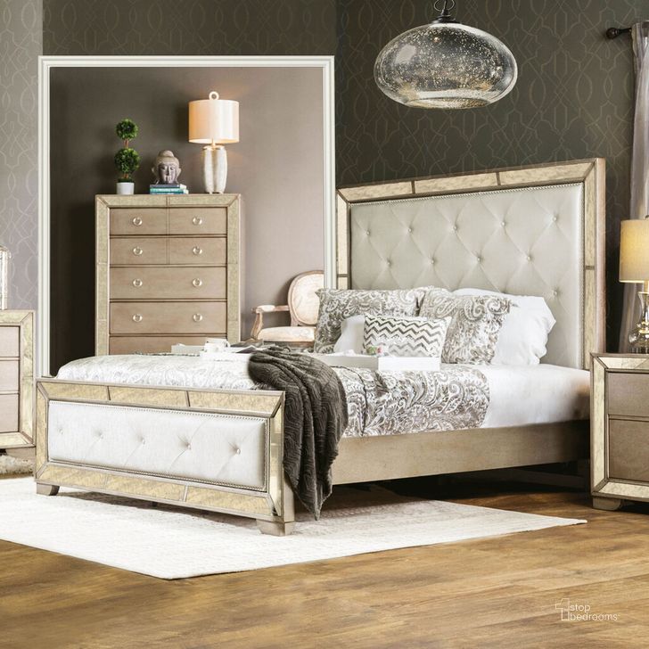 The appearance of Loraine Eastern King Bed In Champagne designed by Furniture of America in the glam interior design. This silver piece of furniture  was selected by 1StopBedrooms from Loraine Collection to add a touch of cosiness and style into your home. Sku: CM7195EK-HB;CM7195EK-FB;CM7195EK-R. Bed Type: Panel Bed. Material: Wood. Product Type: Panel Bed. Bed Size: King. Image1